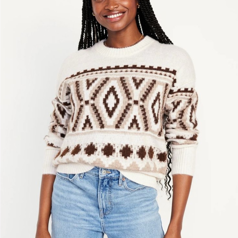 Old Navy Women's Cream and Brown Patterned Sweater